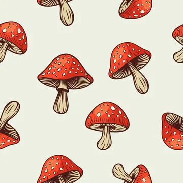 Vector Seamless Pattern with Hand Drawn Cartoon Mushrooms on White Background Stock Illustration