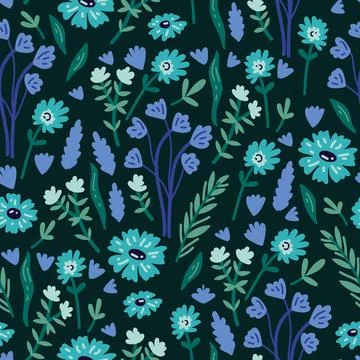 Vector seamless pattern with hand drawn wild plants, herbs and flowers, Stock Illustration