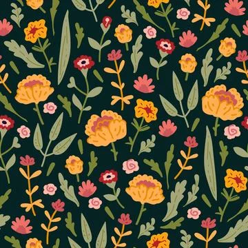 Vector seamless pattern with hand drawn wild plants, herbs and flowers, Stock Illustration