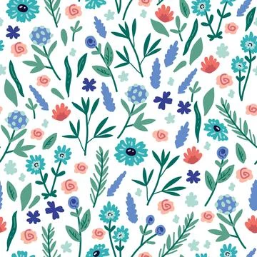 Vector seamless pattern with hand drawn wild plants, herbs and flowers, Illustrazione stock