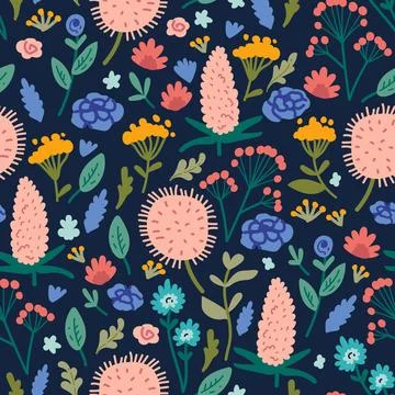 Vector seamless pattern with hand drawn wild plants, herbs and flowers, Stock Illustration