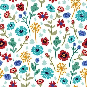 Vector seamless pattern with hand drawn wild plants, herbs and flowers, Stock Illustration