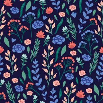 Vector seamless pattern with hand drawn wild plants, herbs and flowers, Stock Illustration