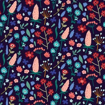 Vector seamless pattern with hand drawn wild plants, herbs and flowers, Stock Illustration