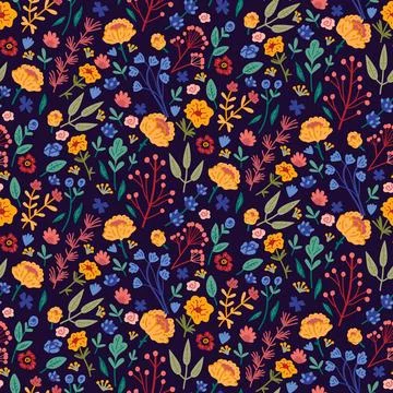 Vector seamless pattern with hand drawn wild plants, herbs and flowers, Stock Illustration
