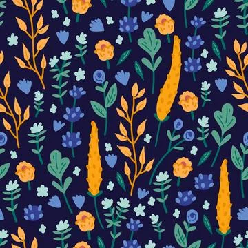 Vector seamless pattern with hand drawn wild plants, herbs and flowers, Stock Illustration