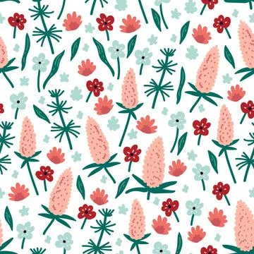 Vector seamless pattern with hand drawn wild plants, herbs and flowers, Stock Illustration
