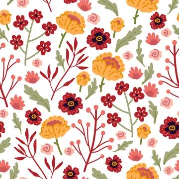 Vector seamless pattern with hand drawn wild plants, herbs and flowers, Stock Illustration