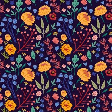 Vector seamless pattern with hand drawn wild plants, herbs and flowers, イラスト素材