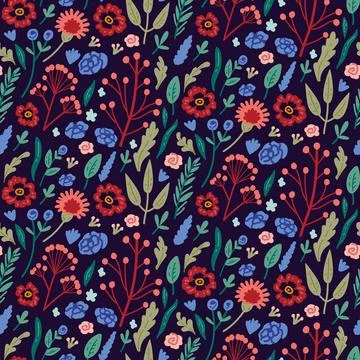 Vector seamless pattern with hand drawn wild plants, herbs and flowers, Stock Illustration