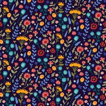 Vector seamless pattern with hand drawn wild plants, herbs and flowers, Stock Illustration