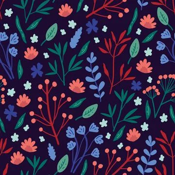 Vector seamless pattern with hand drawn wild plants, herbs and flowers, Stock Illustration