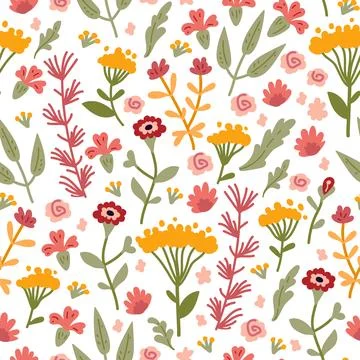 Vector seamless pattern with hand drawn wild plants, herbs and flowers, Illustrazione stock