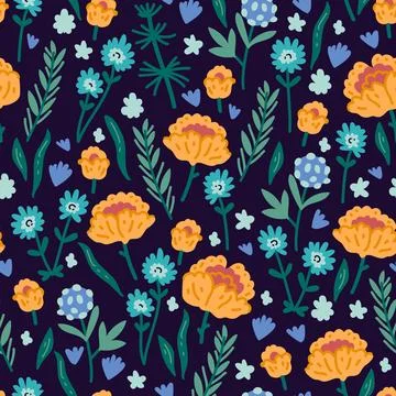 Vector seamless pattern with hand drawn wild plants, herbs and flowers, Illustrazione stock