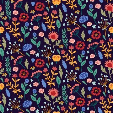 Vector seamless pattern with hand drawn wild plants, herbs and flowers, Stock Illustration