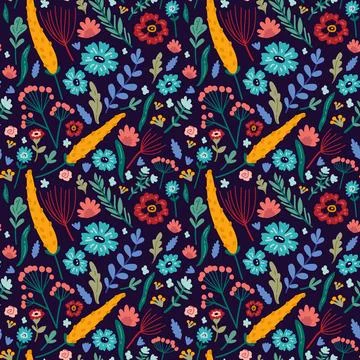 Vector seamless pattern with hand drawn wild plants, herbs and flowers, Illustrazione stock