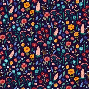 Vector seamless pattern with hand drawn wild plants, herbs and flowers, Stock Illustration