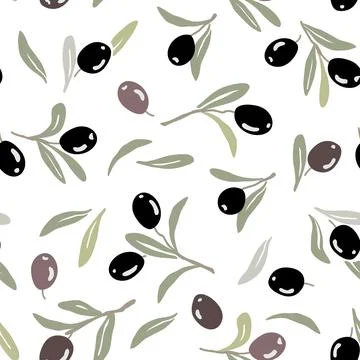 Vector seamless pattern with hand drawn ripe olive tree branches on white Stock Illustration