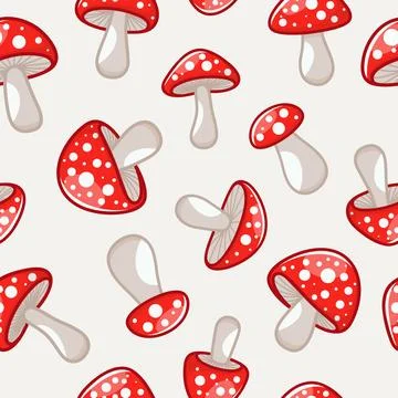 Vector Seamless Pattern with Hand Drawn Cartoon Mushrooms. Amanita Muscaria, Fly Stock Illustration