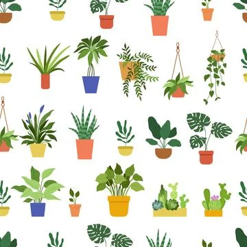 Vector seamless pattern with hand drawn house plants in pots on white background Stock Illustration