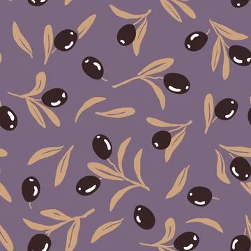 Vector seamless pattern with hand drawn ripe olive tree branches on purple. B Stock Illustration