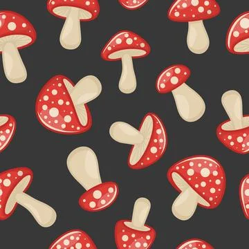 Vector Seamless Pattern with Hand Drawn Cartoon Mushrooms on a Black Background 스톡 일러스트