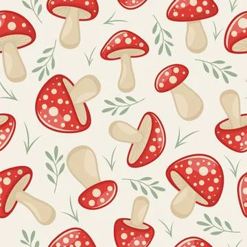Vector Seamless Pattern with Hand Drawn Cartoon Mushrooms. Amanita Muscaria, Fly 스톡 일러스트