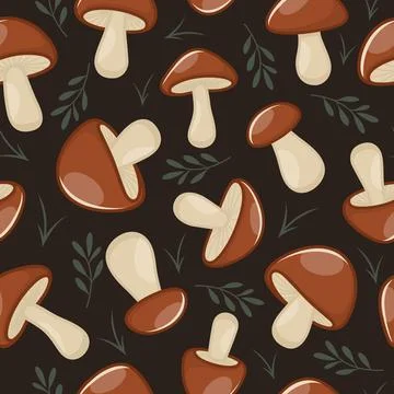 Vector Seamless Pattern with Hand Drawn Cartoon Mushrooms on a Black Background Stock Illustration