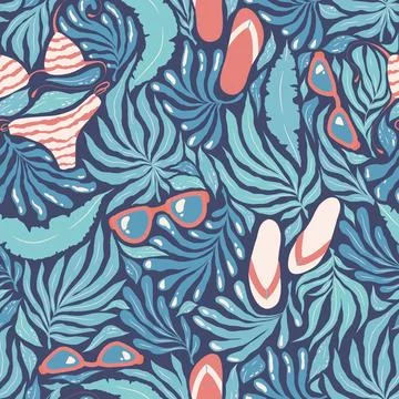 Vector seamless pattern with hand drawn abstract tropical plants and beach .. Stock Illustration