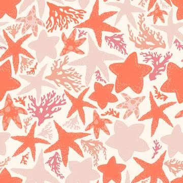 Vector seamless pattern with hand drawn abstract sea stars and corals isola.. Stock Illustration