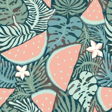 Vector seamless pattern with hand drawn abstract tropical plants, exotic fl.. Stock Illustration