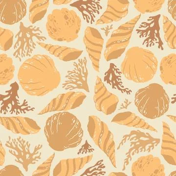 Vector seamless pattern with hand drawn abstract seashells and corals isola.. Illustrazione stock