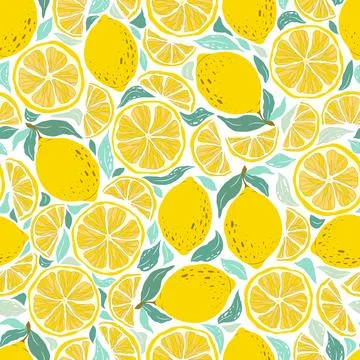 Vector seamless pattern with hand drawn abstract lemons and leaves isolated.. Stock Illustration