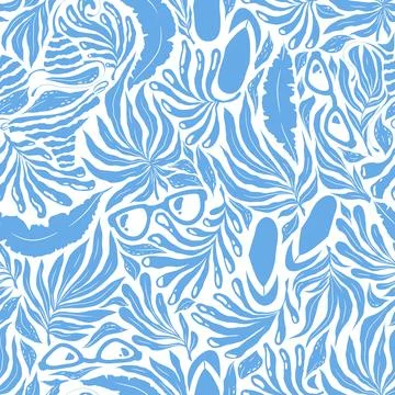 Vector seamless pattern with hand drawn abstract tropical plants and beach .. Illustrazione stock