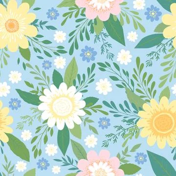 Vector seamless pattern with hand drawn abstract flowers, leaves and branch.. Stock Illustration