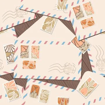 Vector seamless pattern with hand drawn vintage post stamps and envelopes i.. Stock Illustration