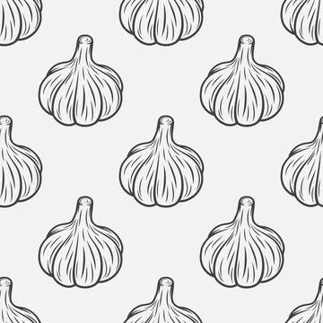 Vector Seamless Pattern with Hand Drawn Garlic Bulb on White Background Stock Illustration