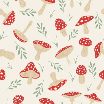 Vector Seamless Pattern with Hand Drawn Cartoon Fly Agaric Mushrooms. Amanita 스톡 일러스트