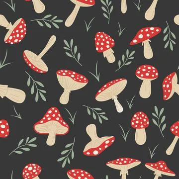 Vector Seamless Pattern with Hand Drawn Cartoon Fly Agaric Mushrooms. Amanita Illustrazione stock
