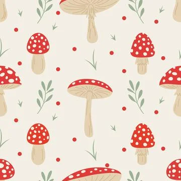 Vector Seamless Pattern with Hand Drawn Cartoon Fly Agaric Mushrooms. Amanita Stock Illustration