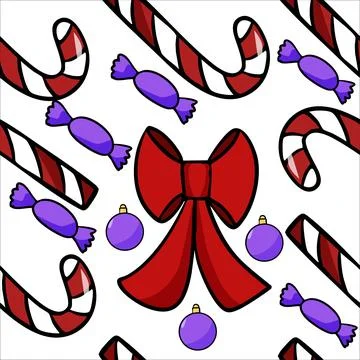 Vector seamless pattern hand drawn red Christmas bow with candies on white ba Stock Illustration