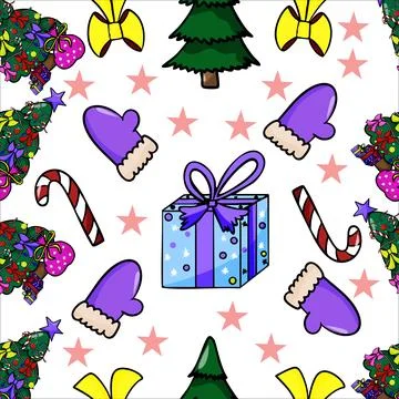 Vector seamless pattern hand drawn New Year s gift box in blue with purple .. Illustrazione stock