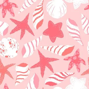 Vector seamless pattern with hand drawn sea shells and sea stars isolated o.. Stock Illustration