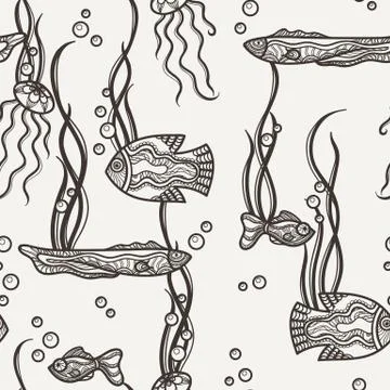 Vector seamless pattern with hand painted fancy fish and algae Illustrazione stock