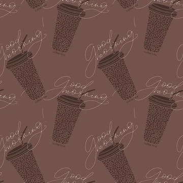 Vector seamless pattern with hand written good morning words and coffee to go 스톡 일러스트