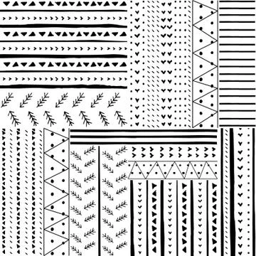 Vector seamless pattern with handdrawn stripes and triangles . Hand drawn black Stock Illustration