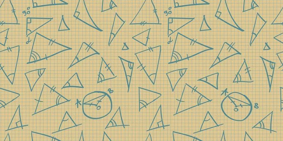 Vector seamless pattern with handwriting blue math figures triangles and circ Stock Illustration
