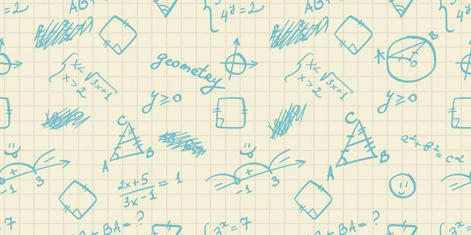 Vector seamless pattern with handwritten blue math formulas, figures, calcula Stock Illustration