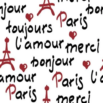 Vector seamless pattern with handwritten french words. brush calligraphy.  Pa 스톡 일러스트