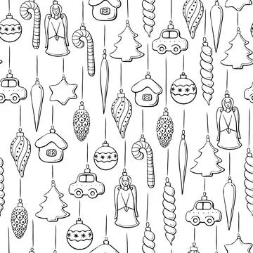 Vector seamless pattern with Hanging outline toys, balls, decorations for xma Stock Illustration